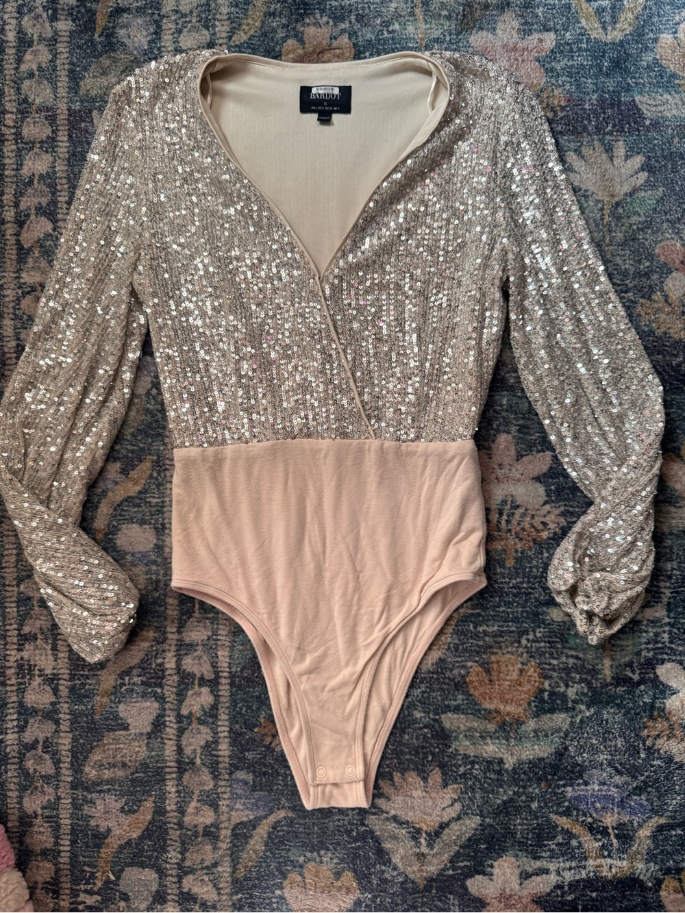Bardot Sequin Wrap Bodysuit in Champagne Blush